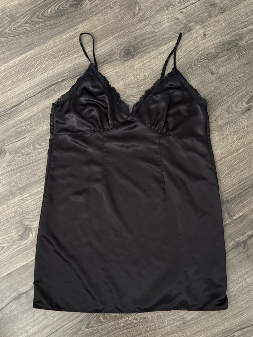 Black Satin Slip Dress with Lace Trim